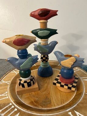 Multicolor Bird Candle Holders - Set of 3 wooden decorative stacked bird towers